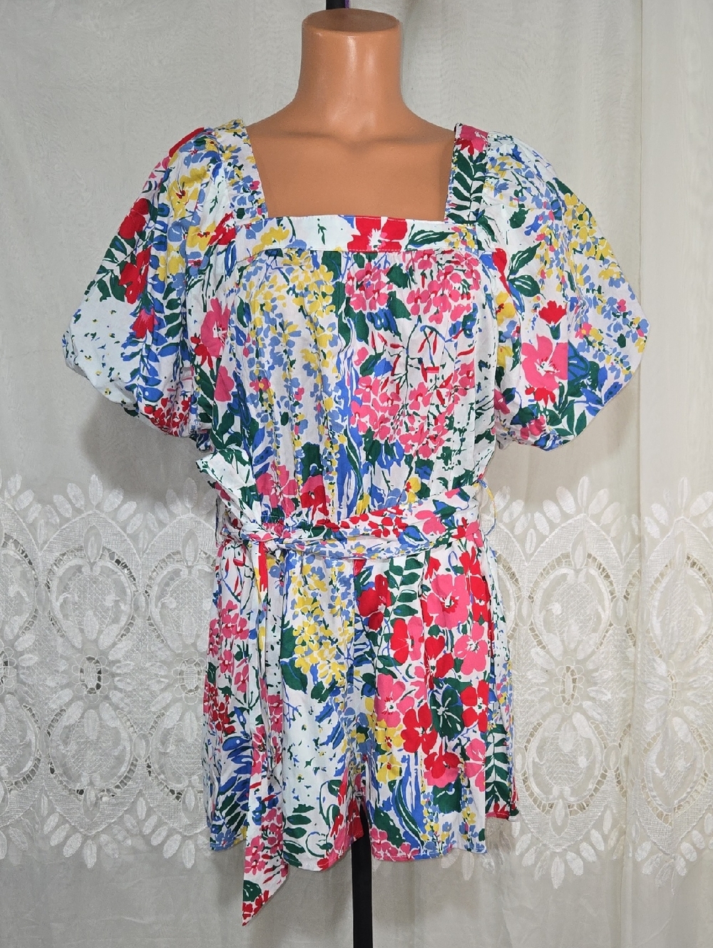 Entro Multicolor Floral Square-Neck Floral Romper with Red, Blue & Yellow Large
